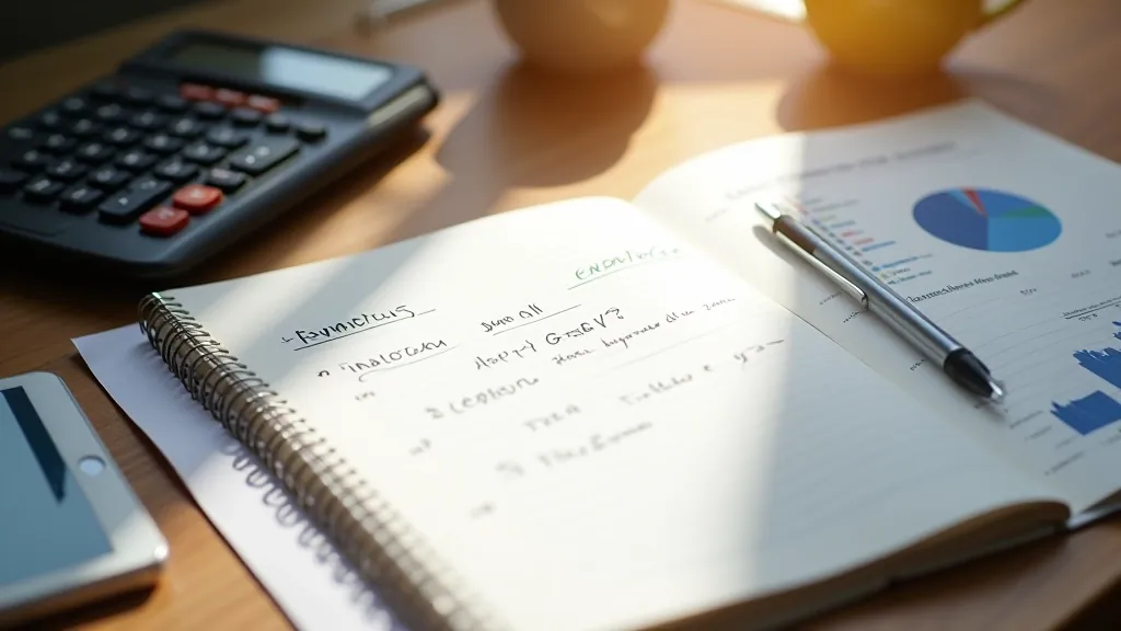 Notebook s poznámkami vedle kalkulačky a finanční tabulky na psacím stole