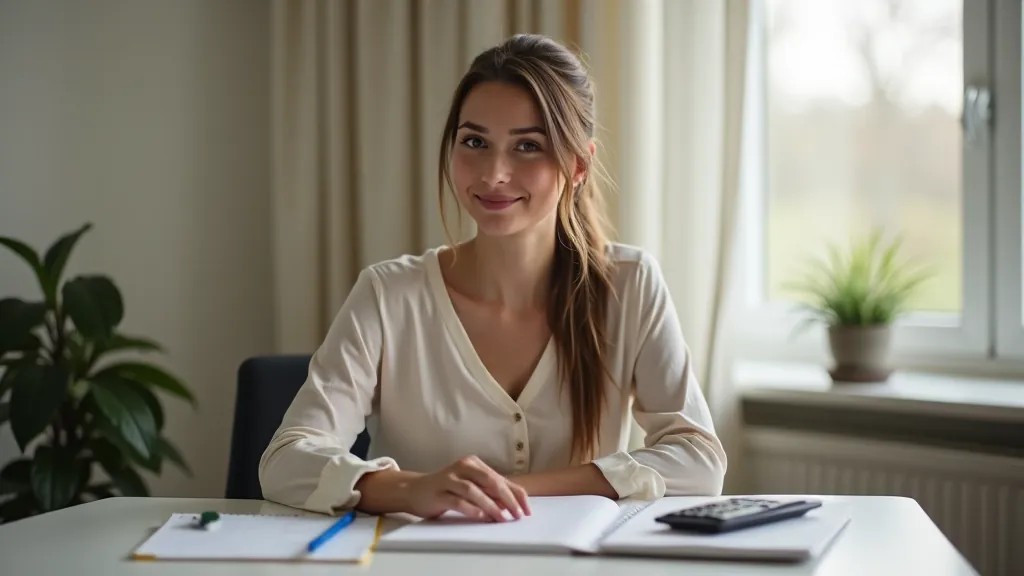 Mladá žena sedí u stolu s kalkulačkou a financujícími dokumenty, zvažuje své možnosti